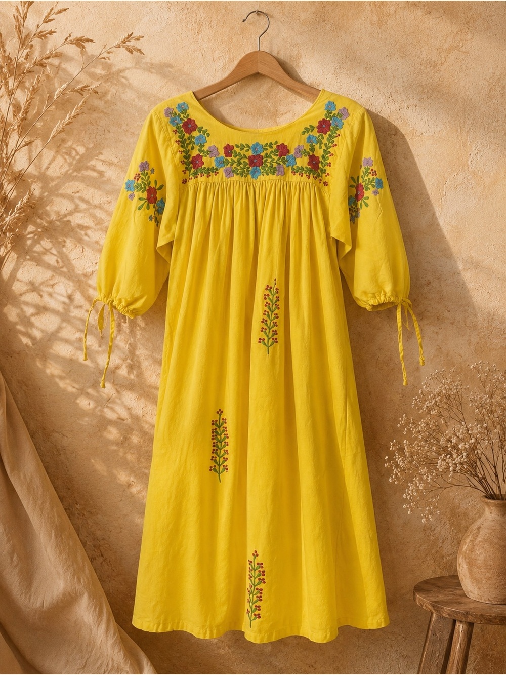 Yellow Embroidered Boho Midi Dress WITH pockets!